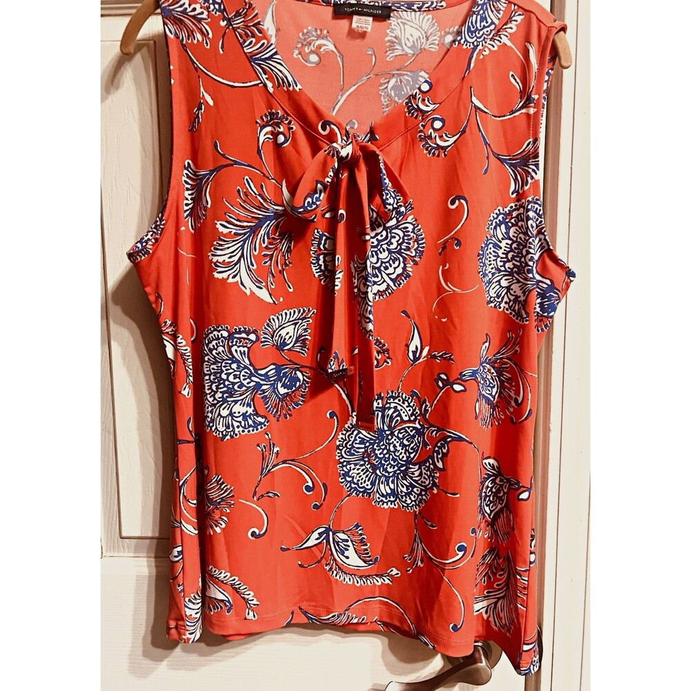 Tommy Hilfiger Women’s XL Coral Blue Floral Sleeveless Tie-Neck Bow Blouse EUC